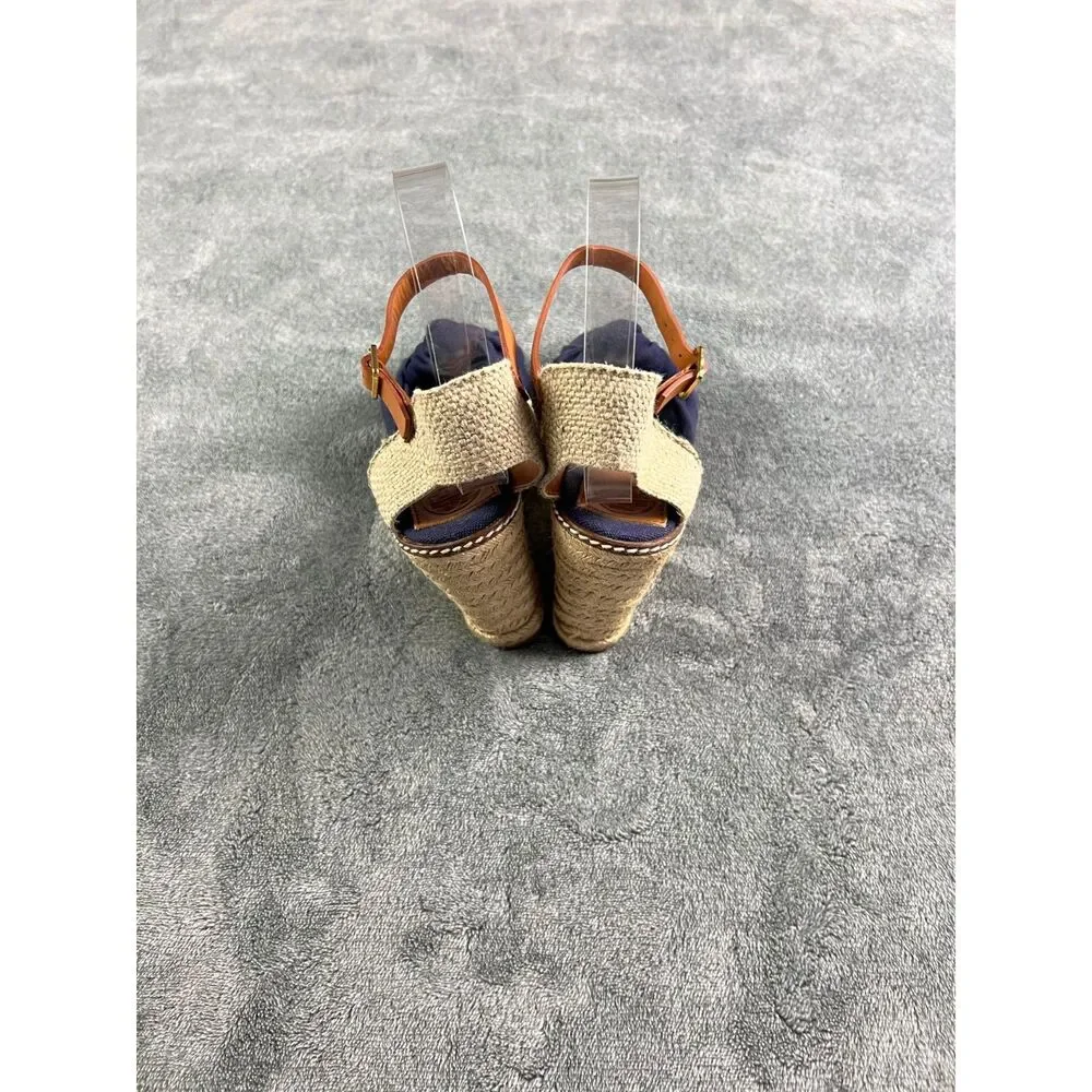 Tory Burch Macy Linen Espadrille Wedge Sandals Sz 7B Blue Twist Knot Ankle Strap